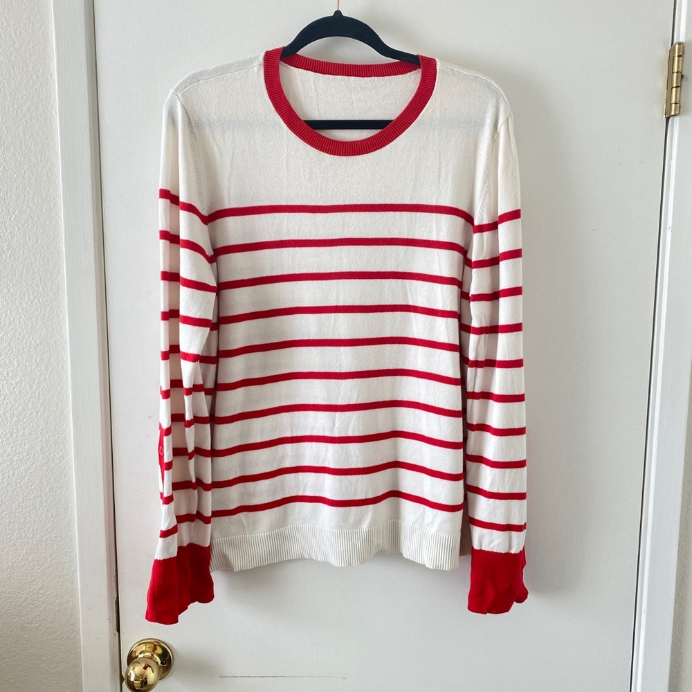 Vintage Sweater Cute Striped Red and White Cotton w/ Button Sleeves
